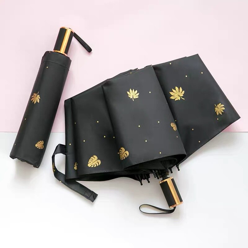 Fully Automatic Rain Umbrella Rain Or Shine Dual Purpose Men and Women Folding Sun-resistant UV-Protection Parasol Advertisement: jiu he Version Leaves  Black