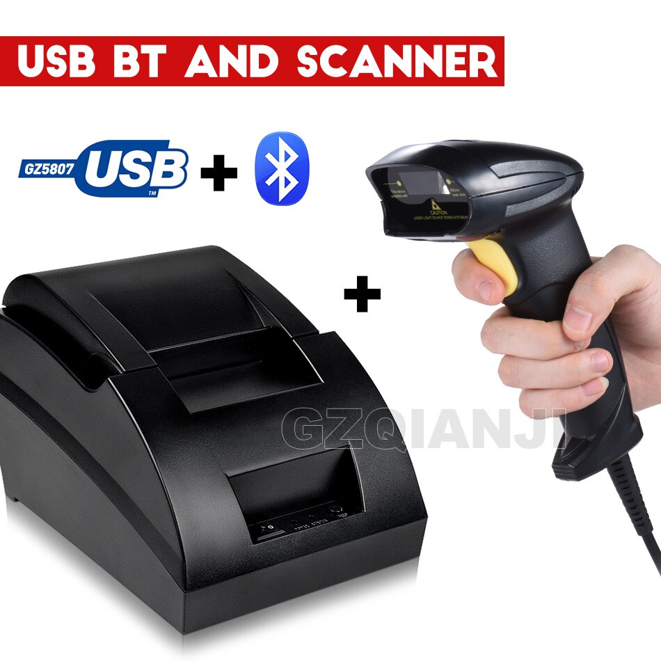 58mm thermal USB Bluetooth 2 inch receipt Bill printer 58mm usb thermal printer usb pos system for supermarket: USB BT and Scanner / EU plug