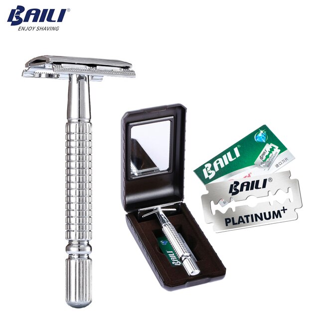 BAILI Manual Safety Razor Silver Classic 3 Piece Double Edge Wet Shaving Men Shaver Women Hair Removal with Free Platinum Blades: Razor suit E