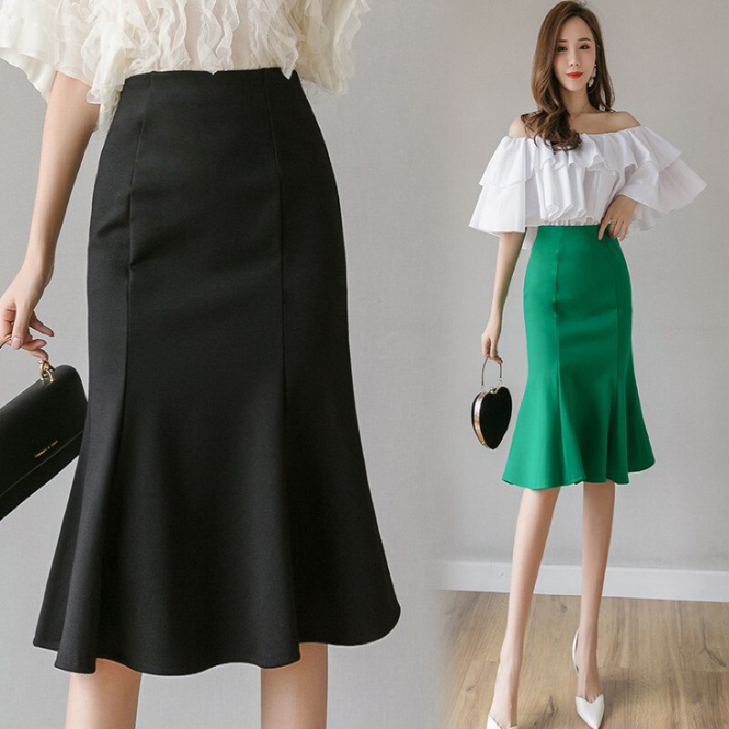 Jupe sirène élégante pour femmes, taille haute, tenue de bureau décontractée, verte, noire, Midi, tout assorti, I150