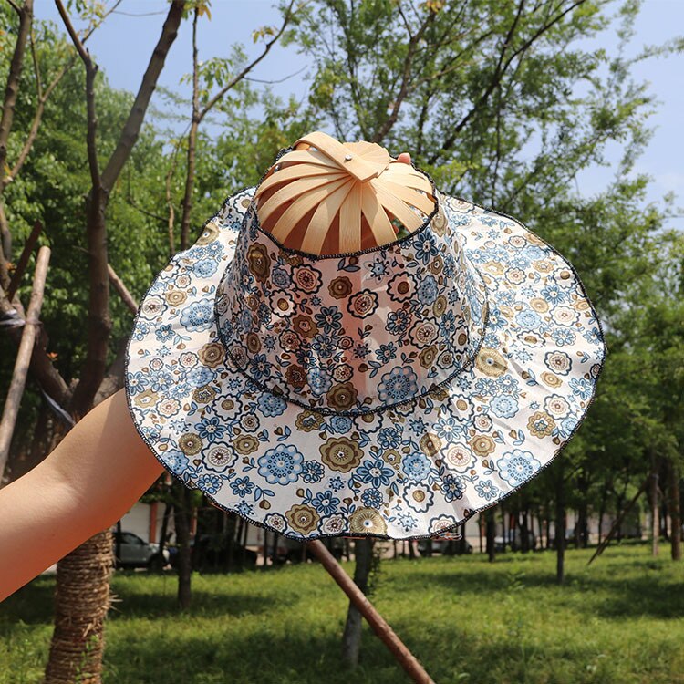Sombrero de bambú con abanico de mano plegable, 2 en 1, portátil, estampado Floral, para viajes al aire libre, playa, vacaciones, verano,: a3