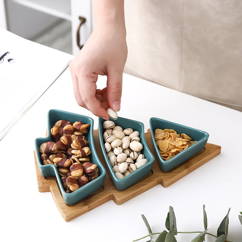 Christmas Tree Snack Plate Ceramic Dessert Special Dishes Tableware Fruit Plates 3 Grids With Wooden Pallet Candy Dish