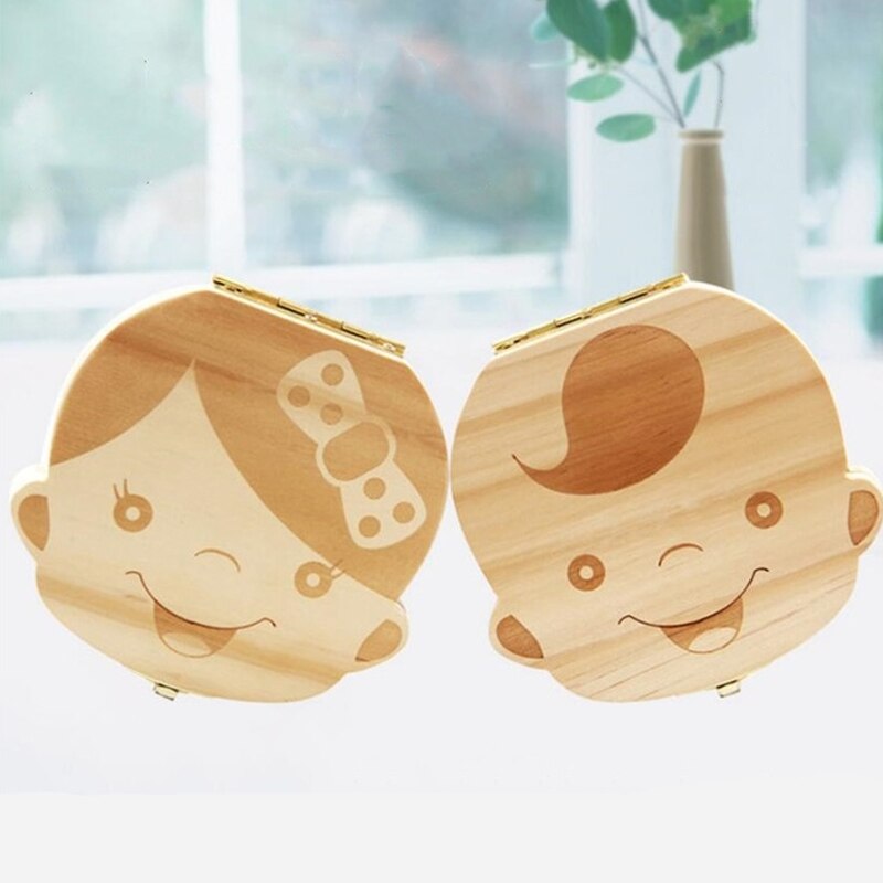Wooden Baby Tooth Box Spanish/English/Dutch/Russian/French /Italian Wooden Milk Teeth Organizer Storage Boys Girls Baby Souvenir