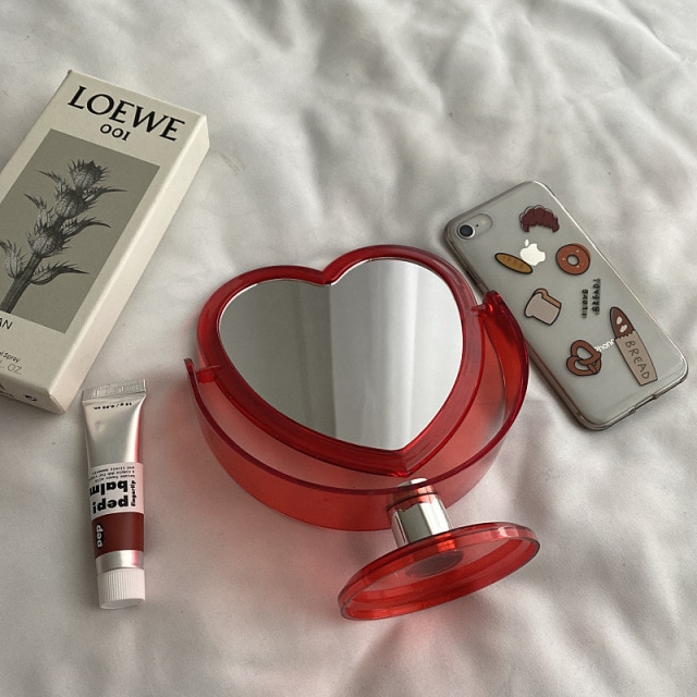 1pc Acrylic Double Side Makeup Mirror Cute Heart Shaped Cosmetic Mirror, Transparent Base Home Bedroom Desktop Make Up Mirror: Red