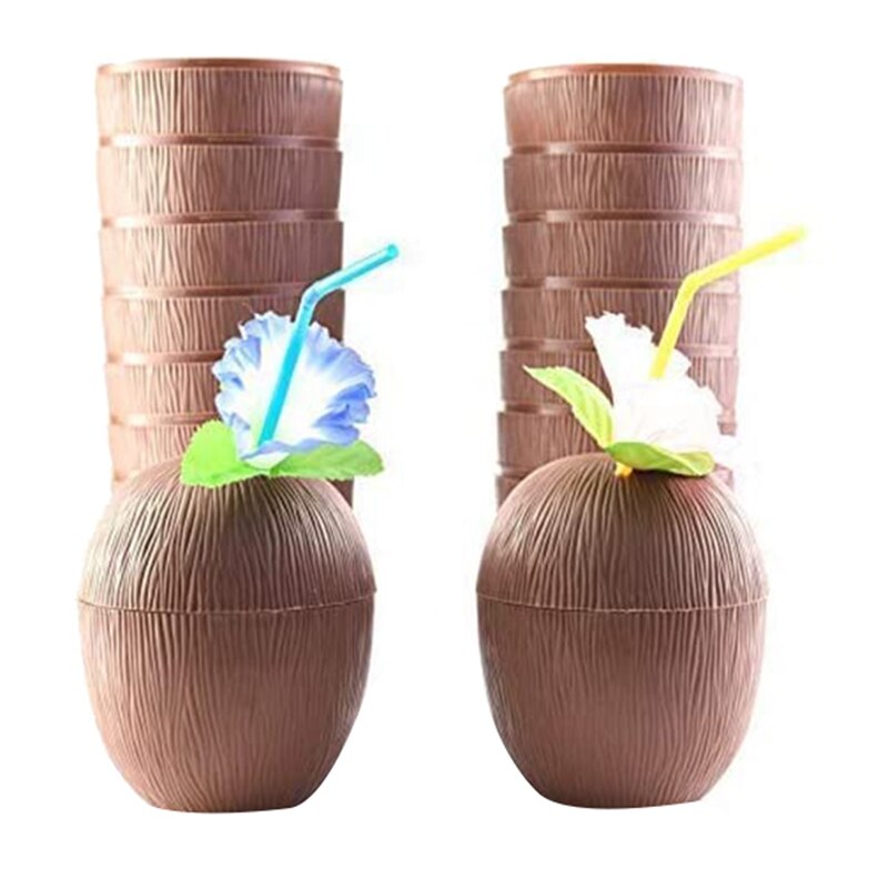 30 Pack Coconut Cups Hawaiian Luau Kids Party with Hibiscus Flower Straws,Beach Theme Party Fun Drink or Decoration Cups