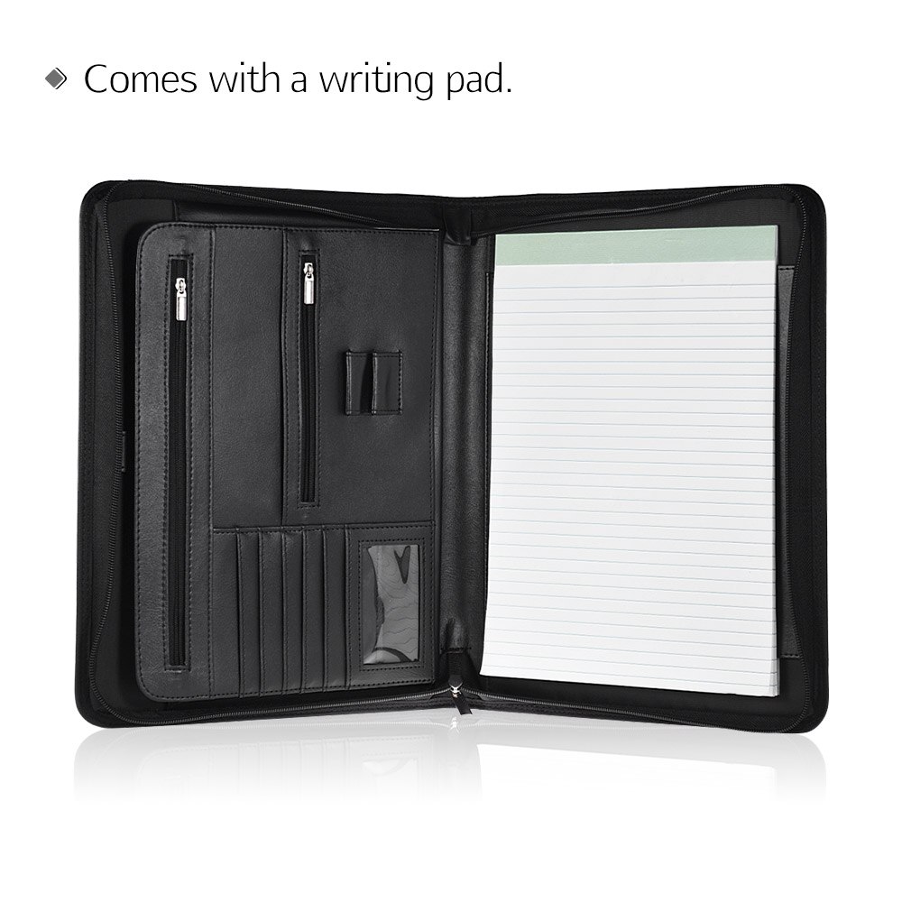 Zippered Multifunctional A4 Portfolio Padfolio File Organizer with Writing Pad Card Pockets for Manager