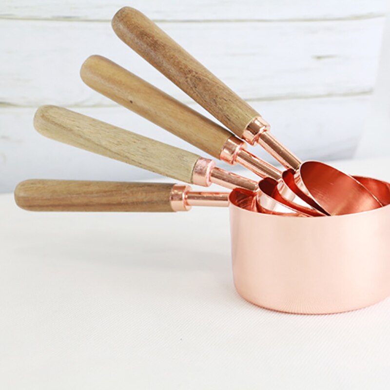 Juego de tazas cucharas para medida, mango de madera, cuchara medidora de Metal de acero inoxidable, accesorios de cocina, 4 Uds.