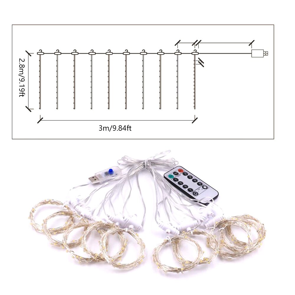 3M LED Christmas Fairy String Lights Rainbow Curtain Lights Remote Control USB Year Garland Curtain Lamp Decoration