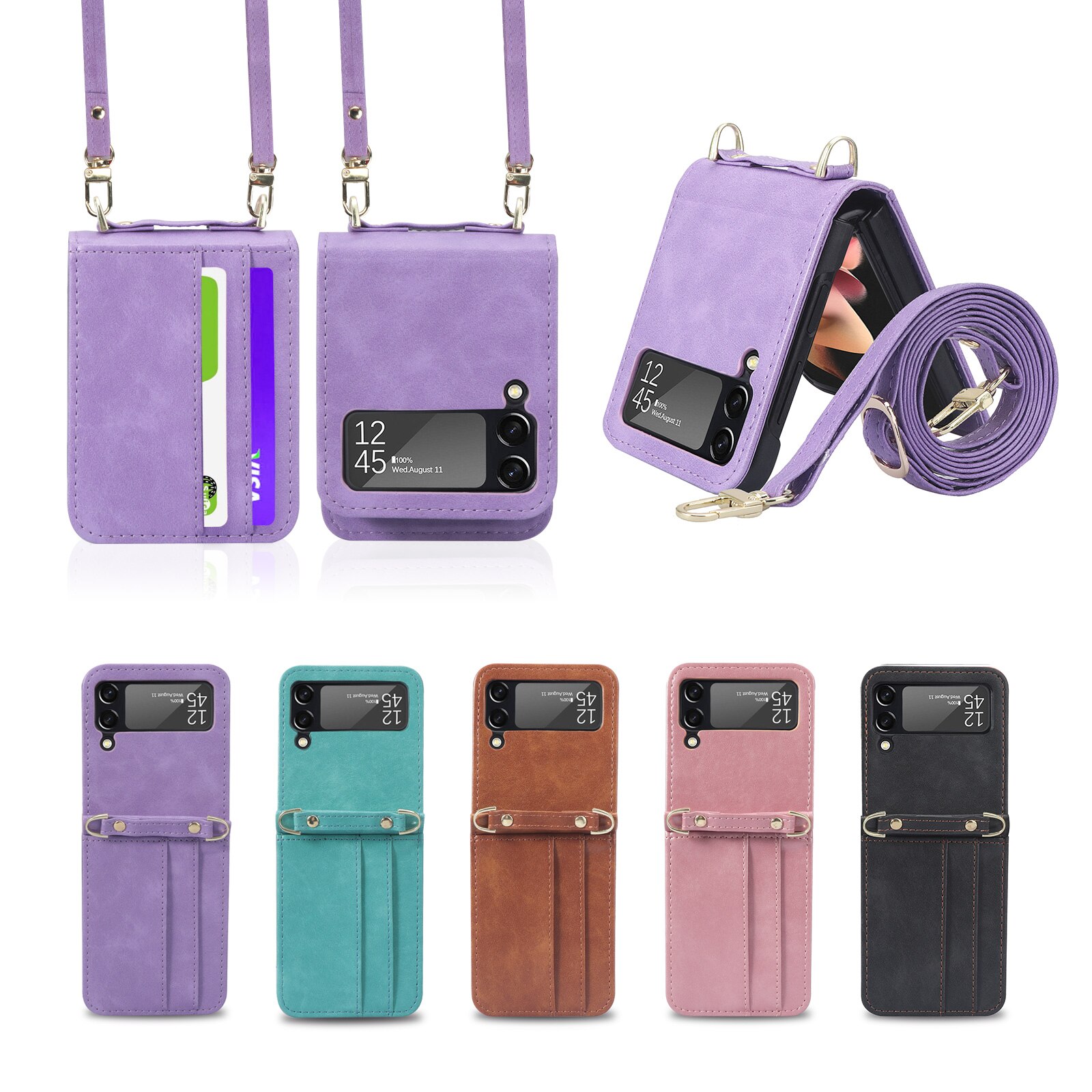 Lanyard Geïntegreerde Schokbestendig Card Slot Leather Case Voor Samsung Galaxy Z Flip 3 Flip3 5G Anti-Kras Beschermende telefoon Cover