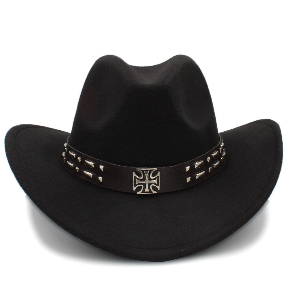 Kvinder uld western cowboy hat med roll-up brim kirke dame jazz hestesport sombrero hombre steampunk cap størrelse 56-58cm: Sort