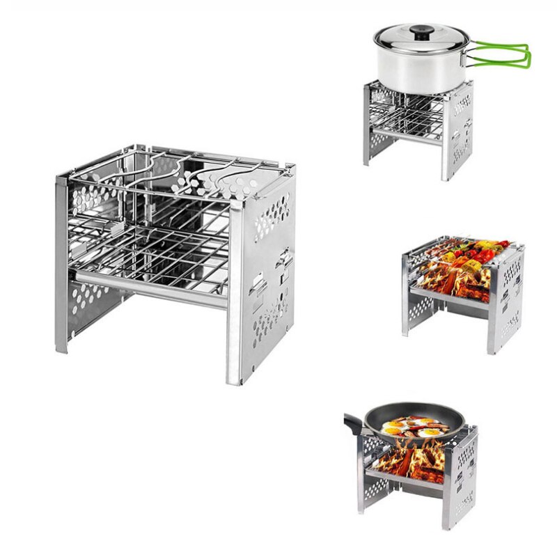 Rostfritt stål vedeldad campinggrill picknick bbq spis bärbar hopfällbar backpacking spis grill för utomhusbruk