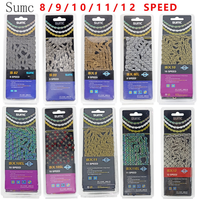 SUMC chaîne de vélo or arc-en-ciel chaîne de vélo X8 X9 X10 X11 X12 Super léger pour 9 10 vitesses vtt/vélo de route 116L creux