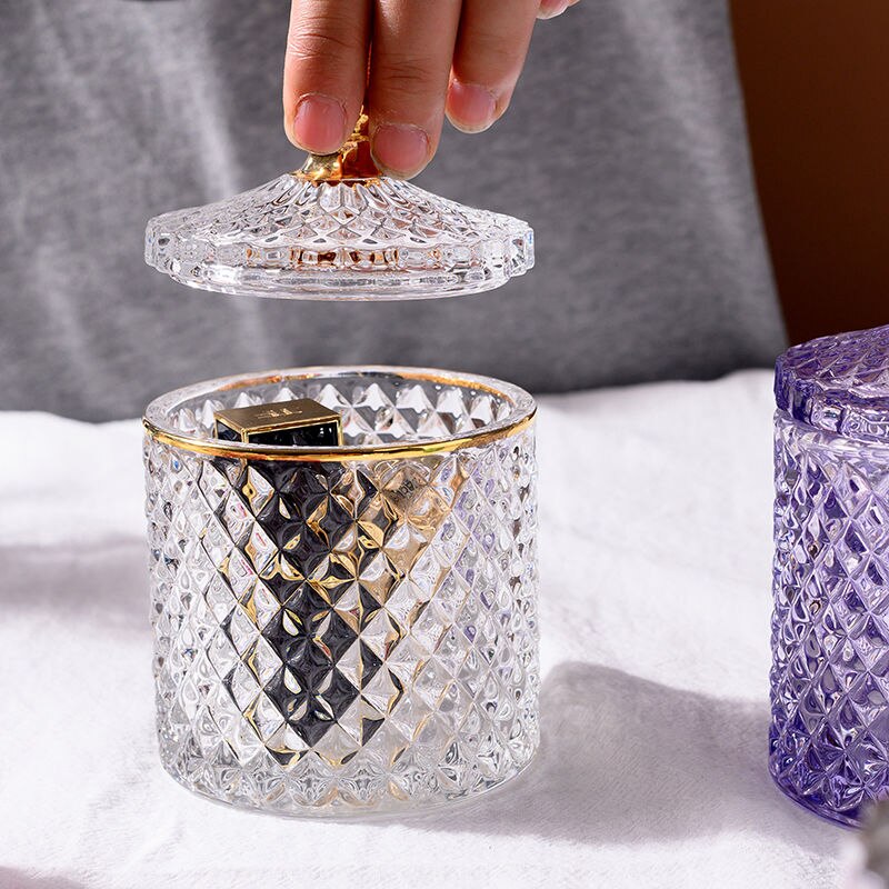 Tarros de cristal con tapa, latas de azúcar en lata de cristal, caja de dulces de diamante, recipiente para bastoncillos, almohadilla de algodón, recipiente de vidrio para almacenamiento doméstico