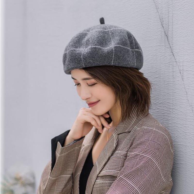 Boinas de invierno a cuadros para mujer Vintage de lana de punto sombreros femeninos estilo británico gorro de señora gorro de pintor sombreros de niña boina