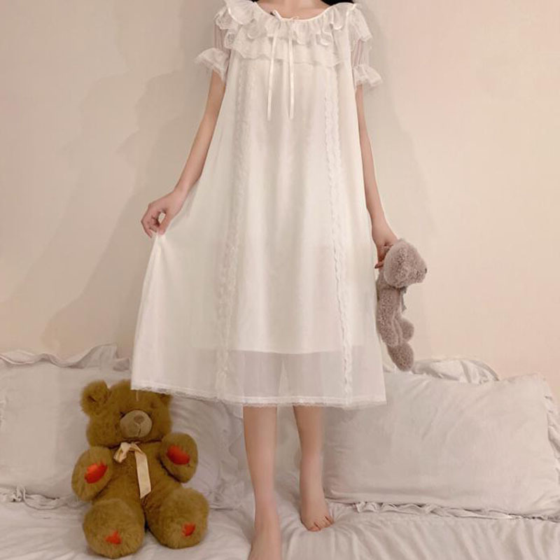 Kvinder lolita kjole prinsesse nattøj hvid blonder mesh fe natkjole victorian vintage natkjole kawaii natkjole loungewear