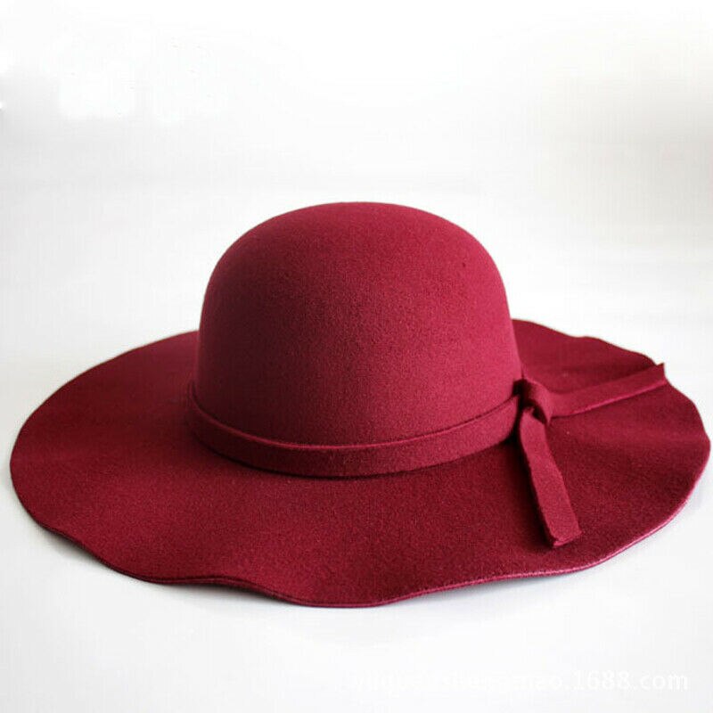 Fes sol Vintage de las mujeres Floppy Bowknot sombrero de ala ancha sombrero de fieltro de lana Fe damas vacaciones sombrero al aire libre: Wine Red