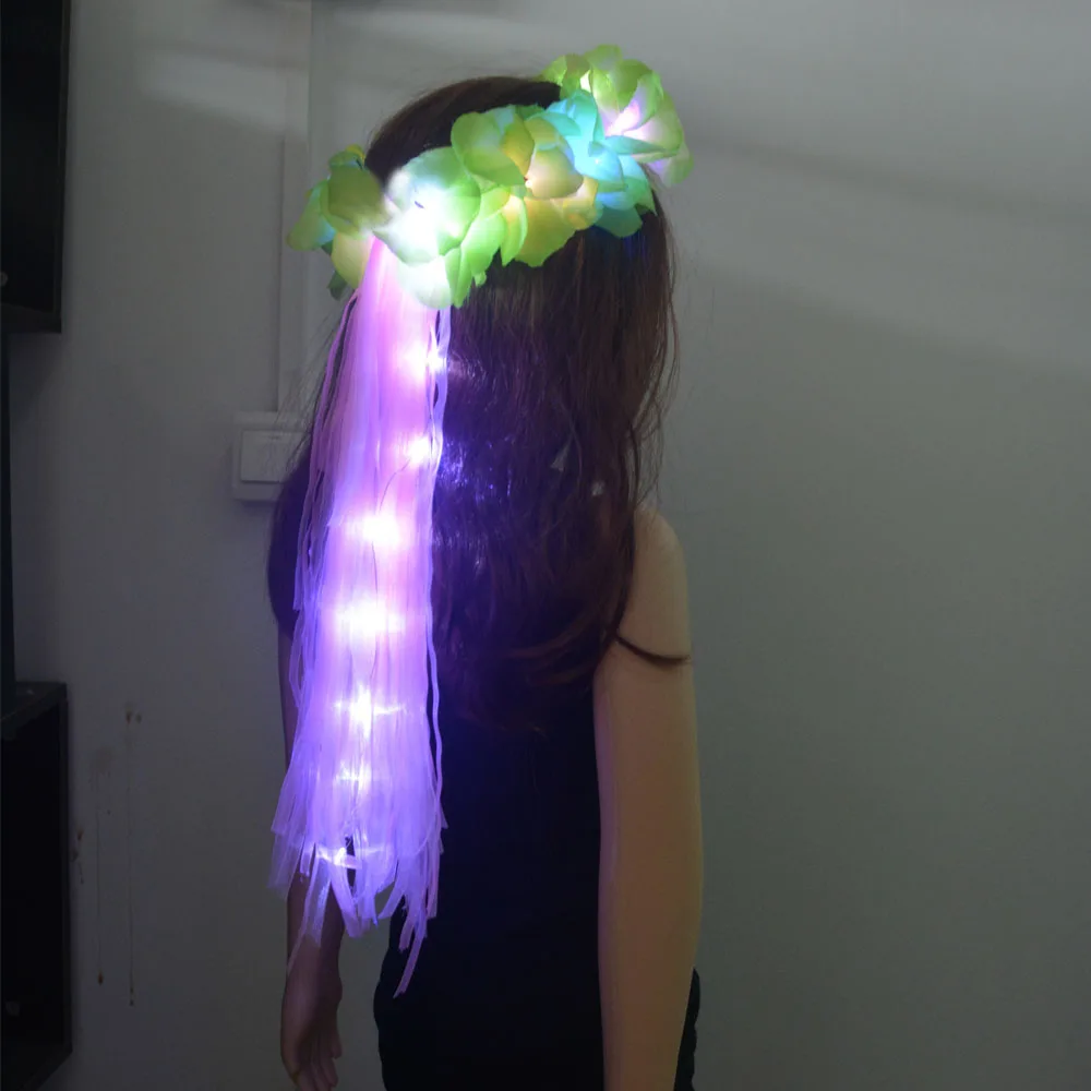 Women Girl Glow Party LED Hawaiian Lei Headband Light Up Flower Ribbon Crown Birthday Wedding Festival: light green