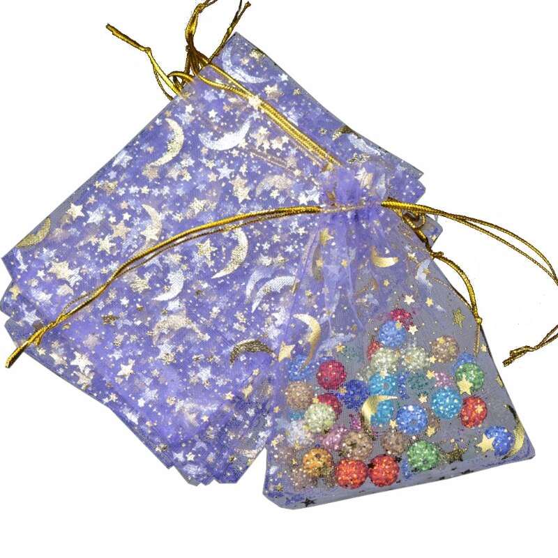 100Pcs Moon Stars Trekkoord Organza Zakjes Koord Kleine Sieraden Bags Zakjes Voor Wedding Party Valentijnsdag: Paars