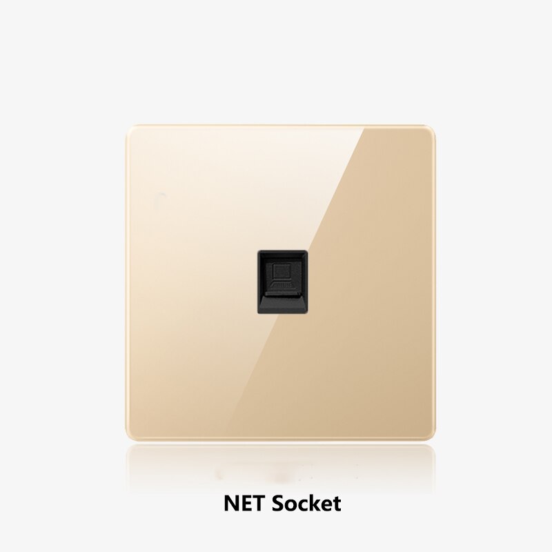 Atlectric wall socket netværk telefon lnterface flammehæmmende guld glaspanel cat 5 rj45 internet stikkontakt dual socket 86mm*86mm: 1 rj 45