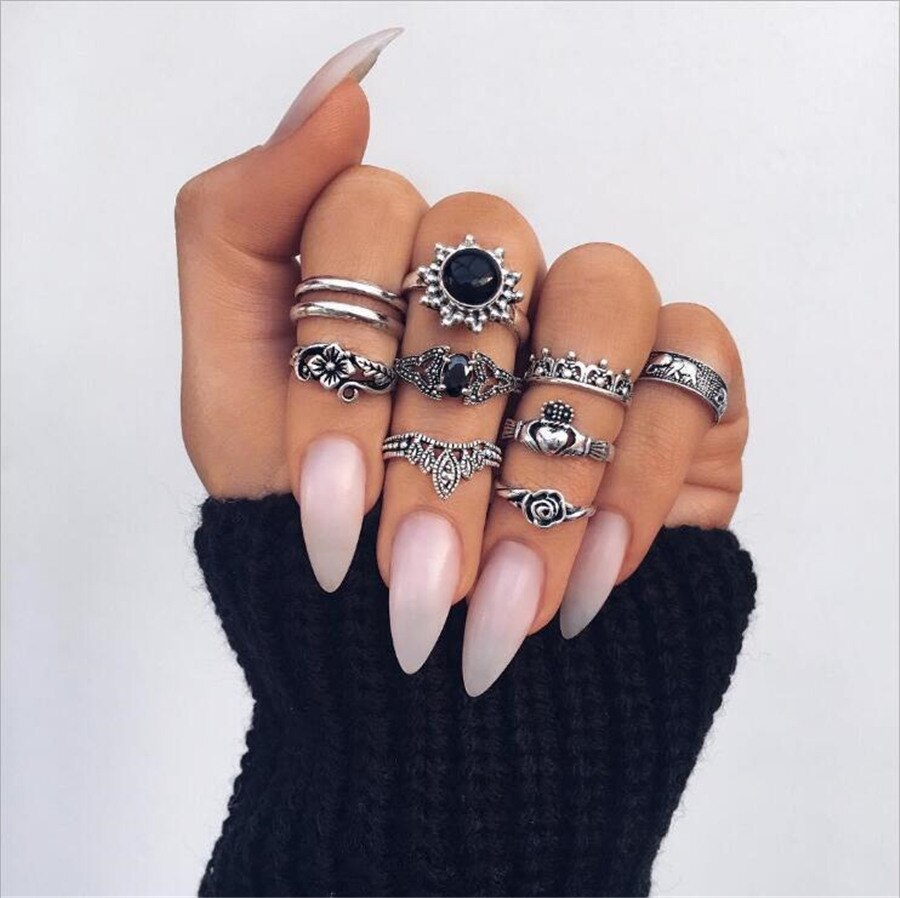 Bague Femme Vintage Ringen voor Vrouwen Boho Geometrische Bloem Crystal Knuckle Ring Set Bohemian Midi Vinger Sieraden Zilveren Kleur: Set9 2Black Hear