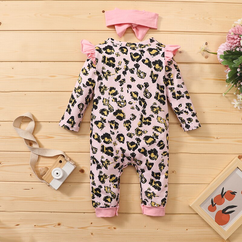 Porte-bébé 2 pièces filles garçons automne barboteuse imprimé fleuri/léopard col rond à volants manches longues combinaison + bandeau nœud