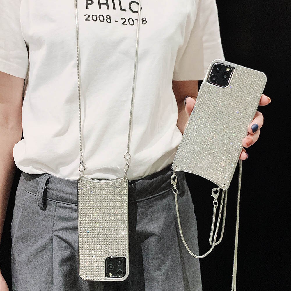 Rhinestone Bling Diamond Glitter Necklace Lanyard Cord Crossbody Phone Case For iPhone 13 12 X XR XS 11 Pro Max 7 8 6 6s Plus SE