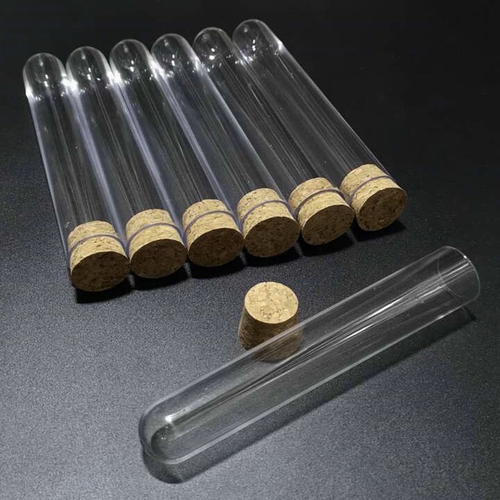 50 stk / del 25 x 150mm plastrør med rundbunn av plast med korkpropp for slags eksperimenter