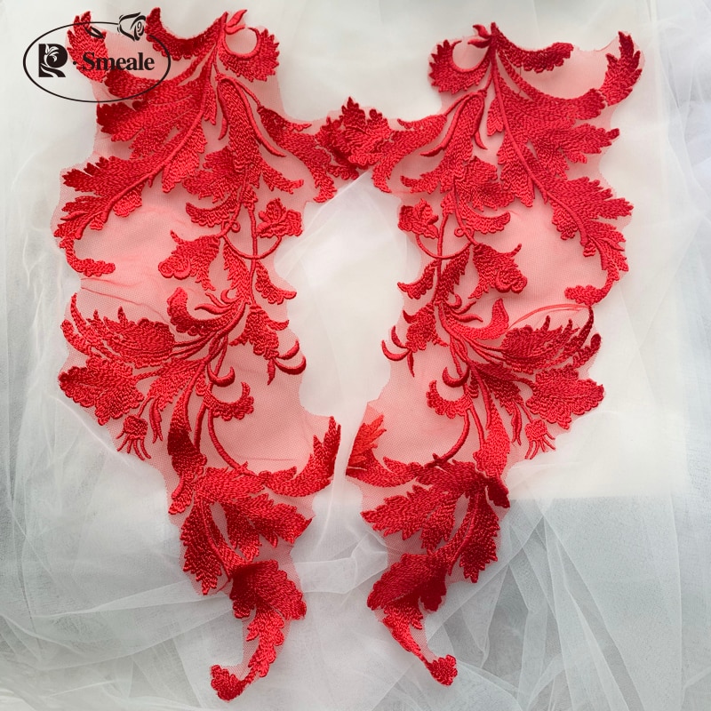 Zwart rood ivoor rayon katoenen draad kant spiegelbloemen bruiloft kant bloemen applicatie patch  rs2736