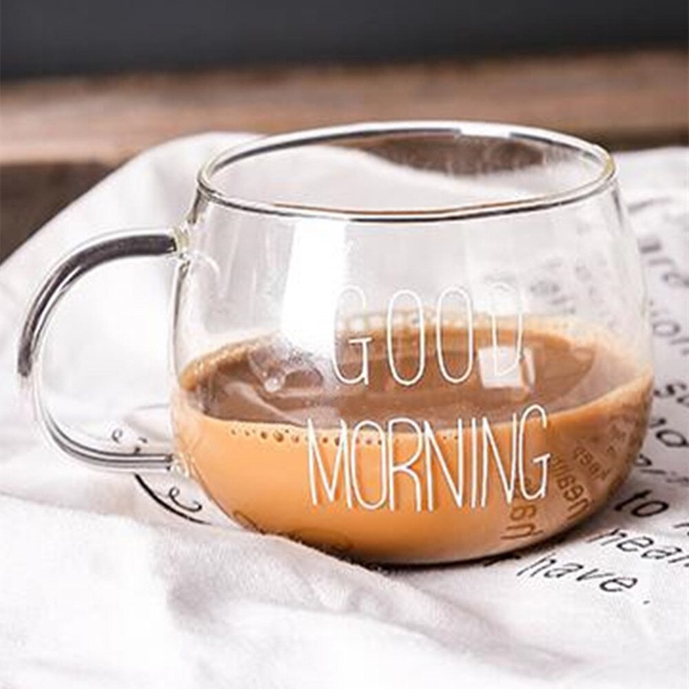 1 stk glas morgenmad kop kaffe te mælk yoghurt krus bogstaver trykt krus gennemsigtigt håndtag drinkware