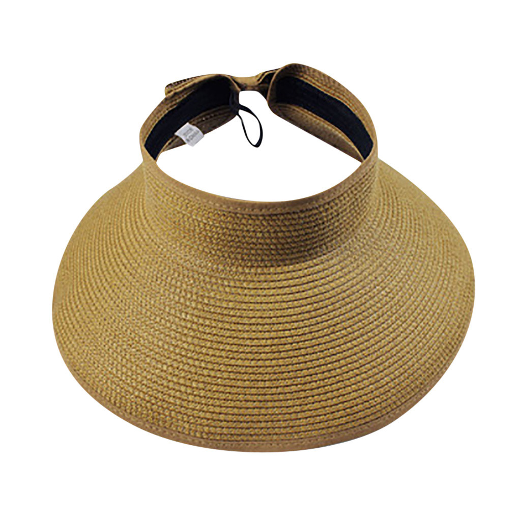 Women’s Summer Wide Brim Visor Hat Foldable Straw Sun Visor W/cute Bowtie Hat Sun Visors Hats For Women Ladies Leisure Cap: Khaki