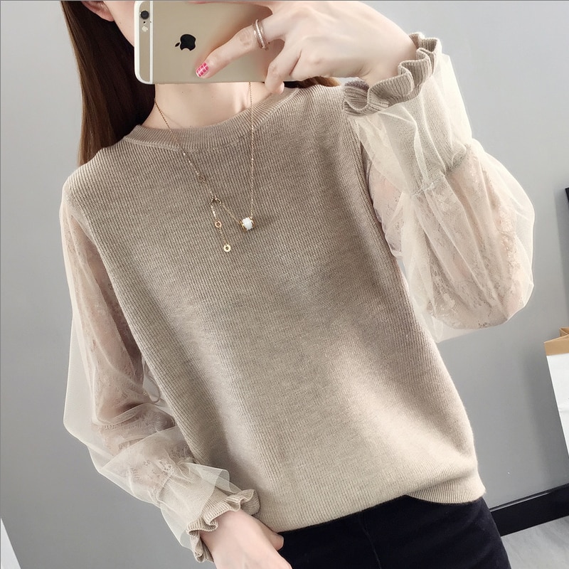 Menina malha manga longa camisola de malha feminino o pescoço solto preguiçoso costura lanterna manga laço bottoming jumper primavera 2020 primavera