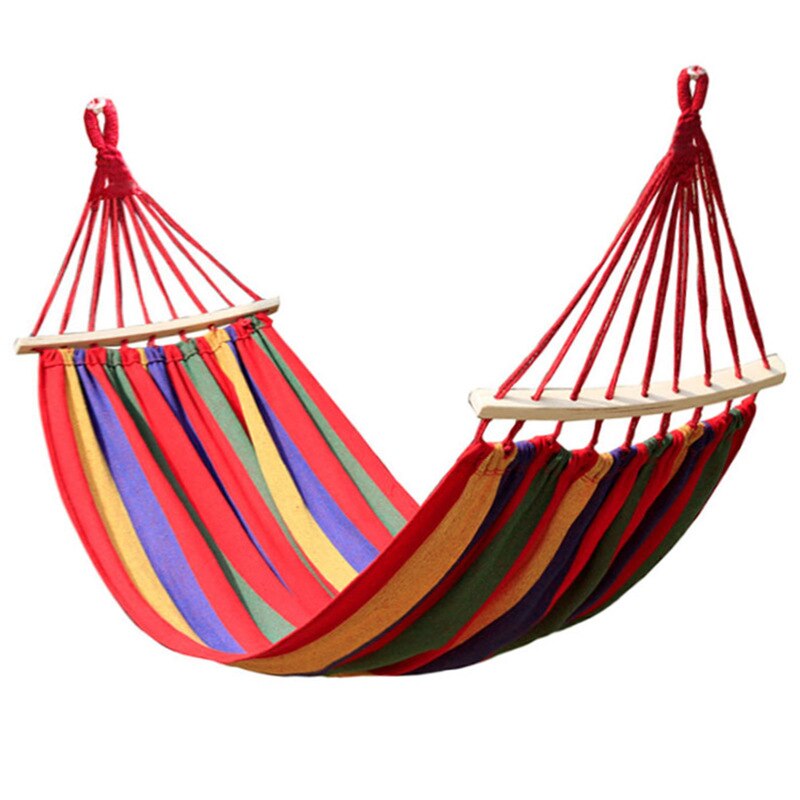 Hamaca de lona portátil para viaje, silla Columpio de madera para pícnic al aire libre, cama colgante de Camping, tienda de campaña a rayas de arco iris: red with stick / 185x80 single