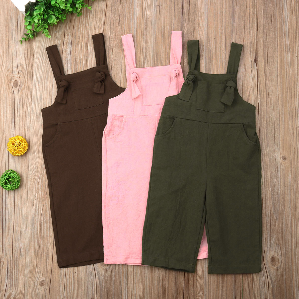 Toddler kid baby piger sommer overalls knude strappy ensfarvet linnebukser lange bukser tøj 1-6t