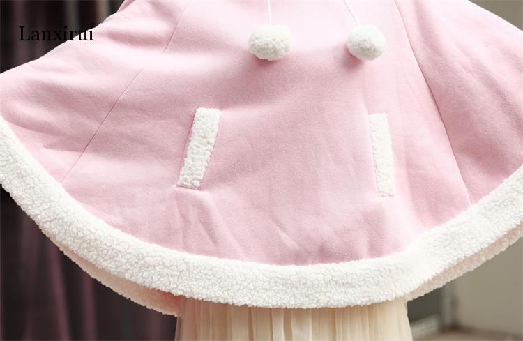 Japanese Kawaii Cloak Women Autumn Winter Hooded Poncho Cape Coat Girls Padded Cute Pullover Capes Femme Shawl 23422
