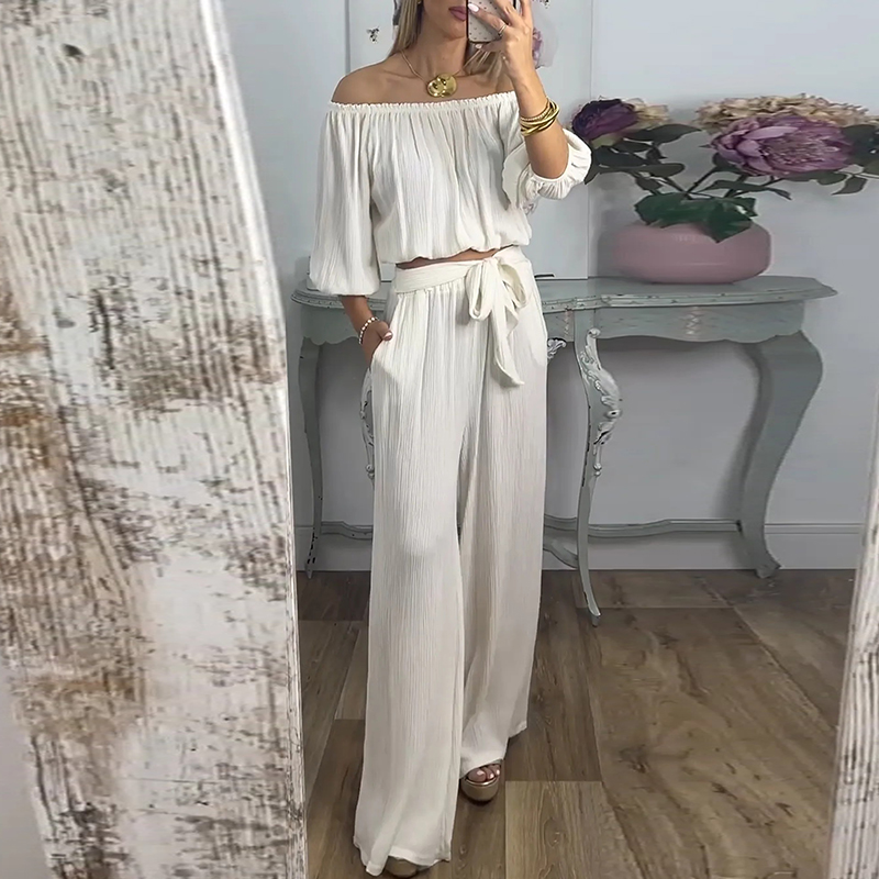 Sommerlig rett løst antrekk sexy enskuldret topp med knytebukser damesett retro ensfarget kortermet pendlerdress: M / Svart
