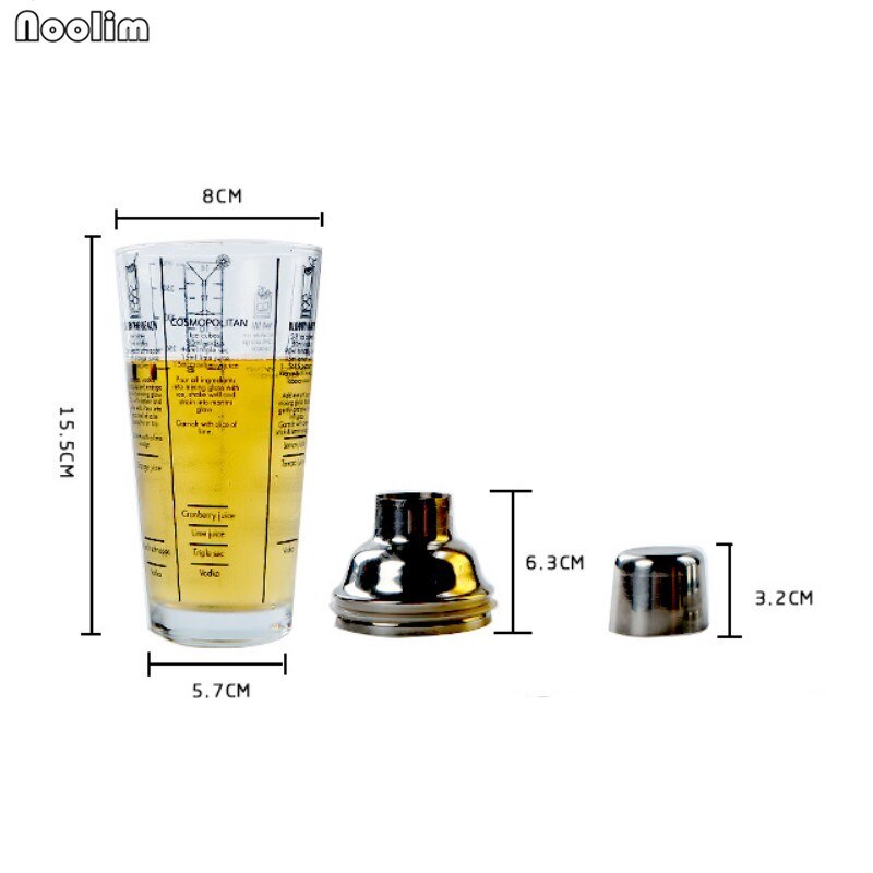 NOOLIM 420ml Mix Master Glass Recipe Cocktail Shaker Stainless Steel Shake Jug With Scale Bar Tools Bar Accessories