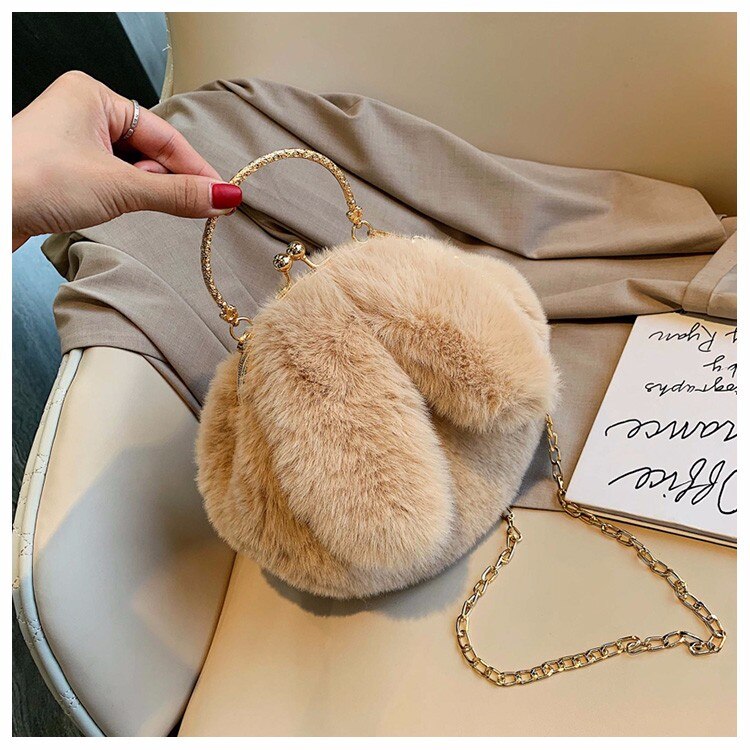 Hocodo Faux Fur Pluche Crossbody Tassen Voor Vrouwen Konijnenoren Leuke Tassen Keten Messenger Bag Dames Handtassen En Portemonnees bolsas: Khaki