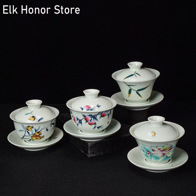 Ru Kiln Every Pottery Sancai Gaiwan Master Cups Hand Painted Peach Tureen Kung Fu Tea Tureen Chinaware Office Decoration