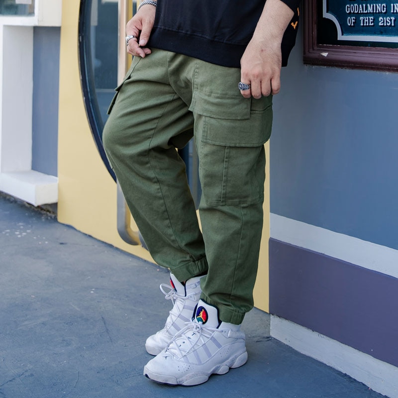 Pantalon cargo décontracté en coton 6xl homme, 5xl taille, taille élastique, multi-poches, kaki, vert