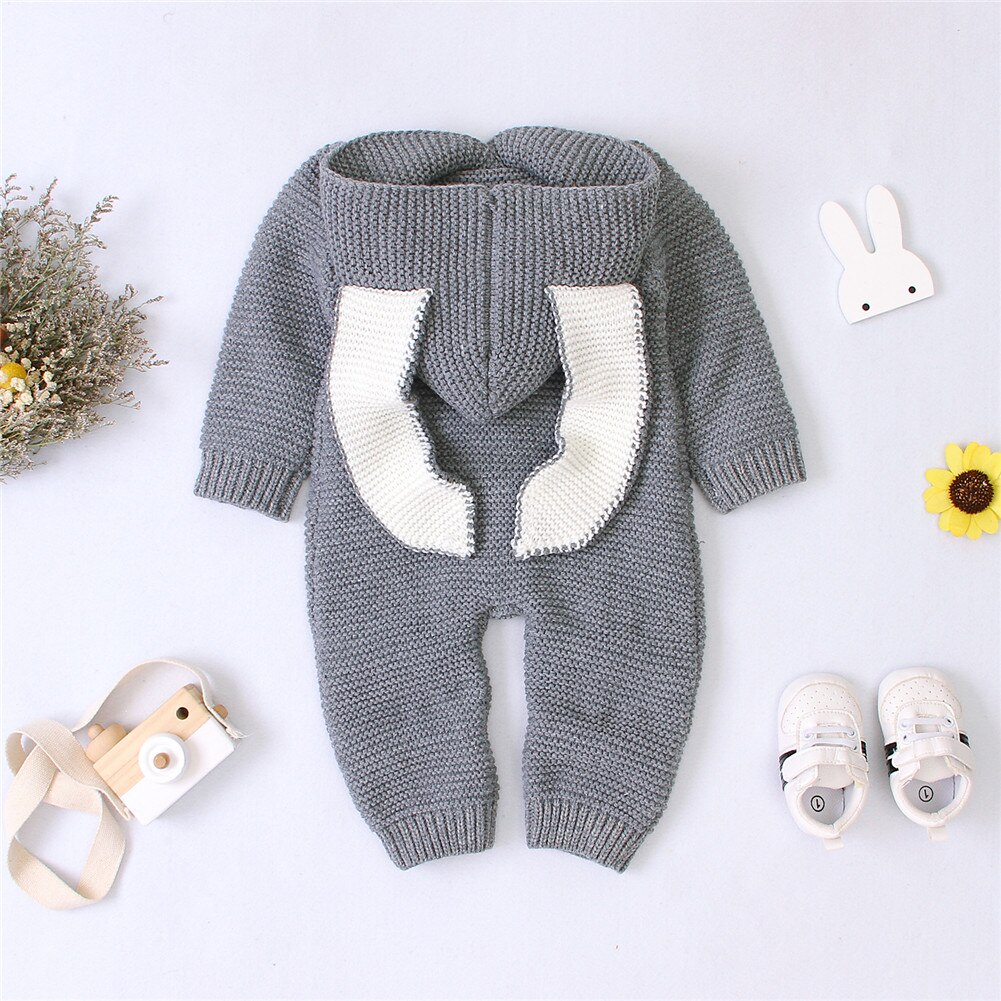 0-24M Herfst Winter Baby Kids Meisjes Jongens Rompertjes Knit Solid Lange Mouwen 3D Oren Hooded Jumpsuits Kleding