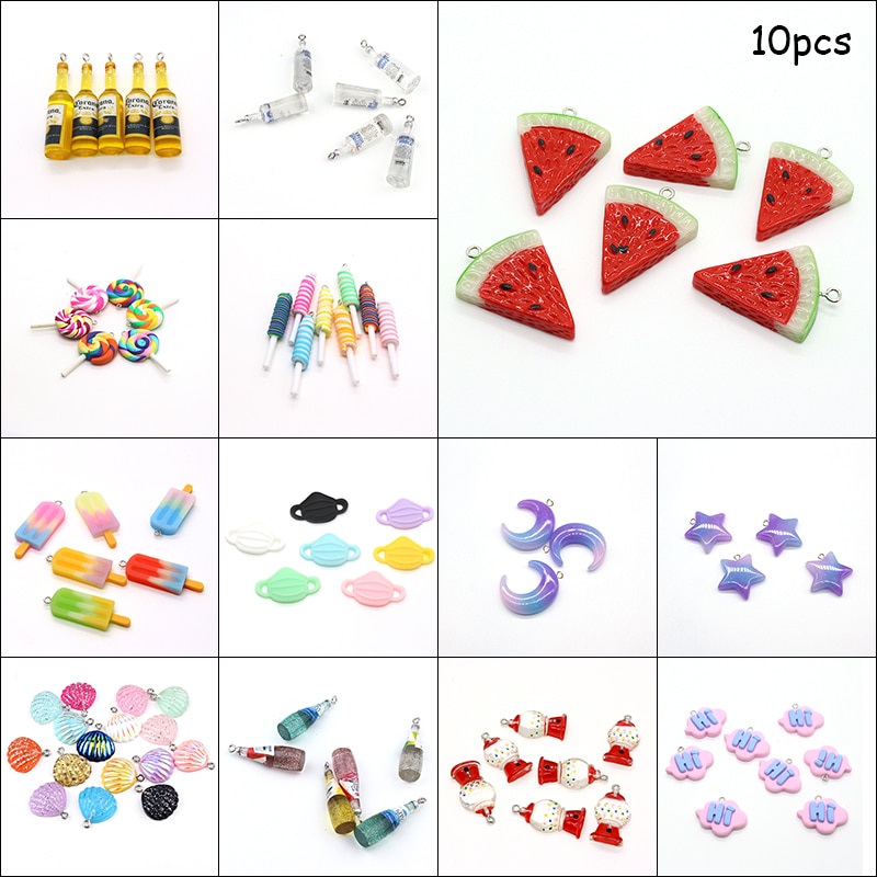 10pcs/lot Wine Bottle Watermelon Lollipop Food Charms Resin Earring Pendants Accessory Anime Moon Star Keychain DIY Jewelry Make