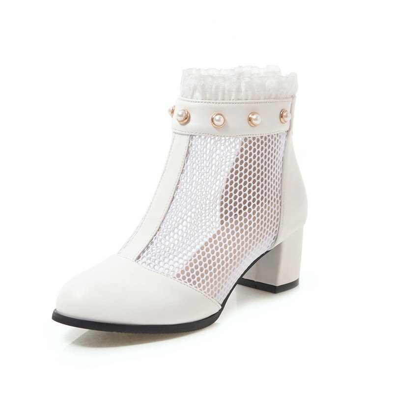 Jk 2019 novo verão/primavera grosso med calcanhar calçado feminino malha babados ankle boots pérola botas dedo do pé redondo com zíper sapatos mulher: WHITE / 9