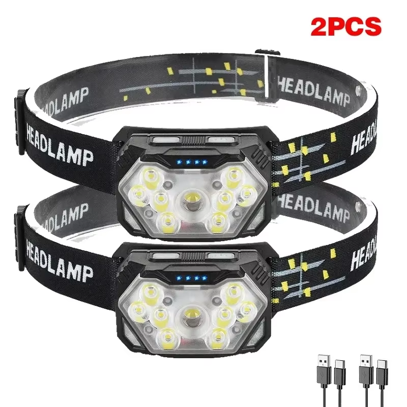 Linterna frontal de 9 luces Led potente, recargable por USB, con Sensor de movimiento, portátil, para pesca, Camping, exterior, linterna de trabajo: BLANCO