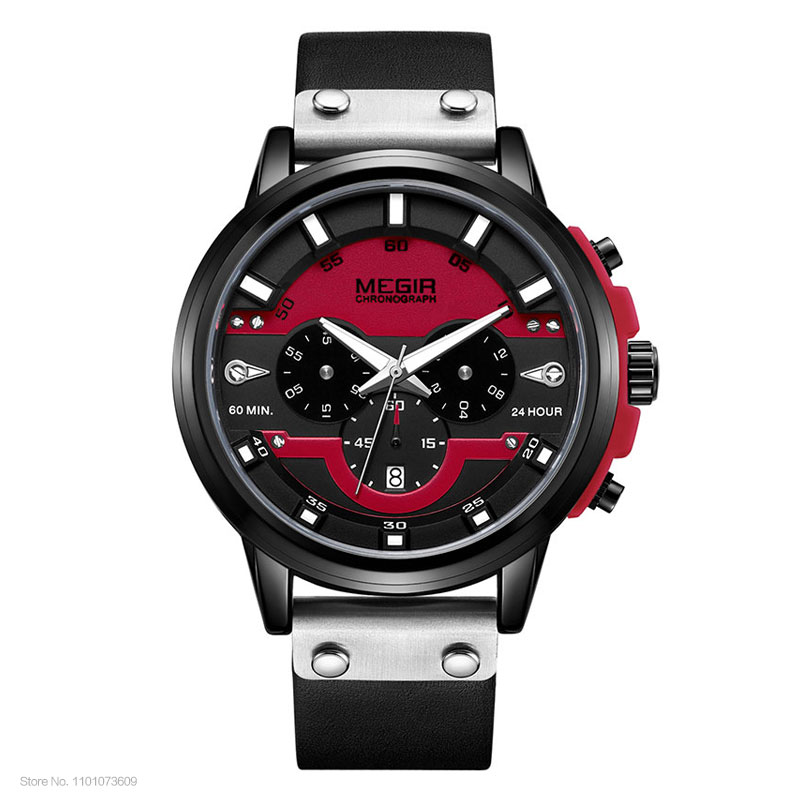 MEGIR 24 Stunden Chronograph Quarz Uhren Wasserdicht Casual Leder Armbanduhr für Mann Leuchtende Hände Sport Uhr 2080 Gelb: Bronze