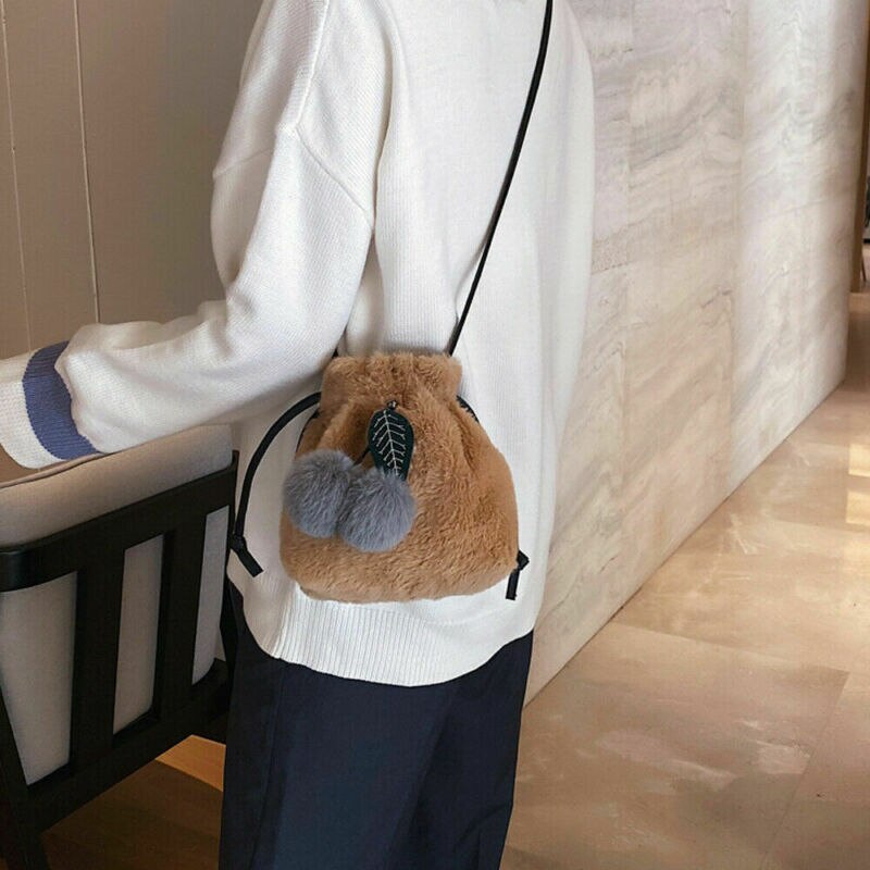 Women Ladies Handbag Cute Fur Cherry Apliques String Bag Messenger Bag Crossbody Bag Shoulder Bag