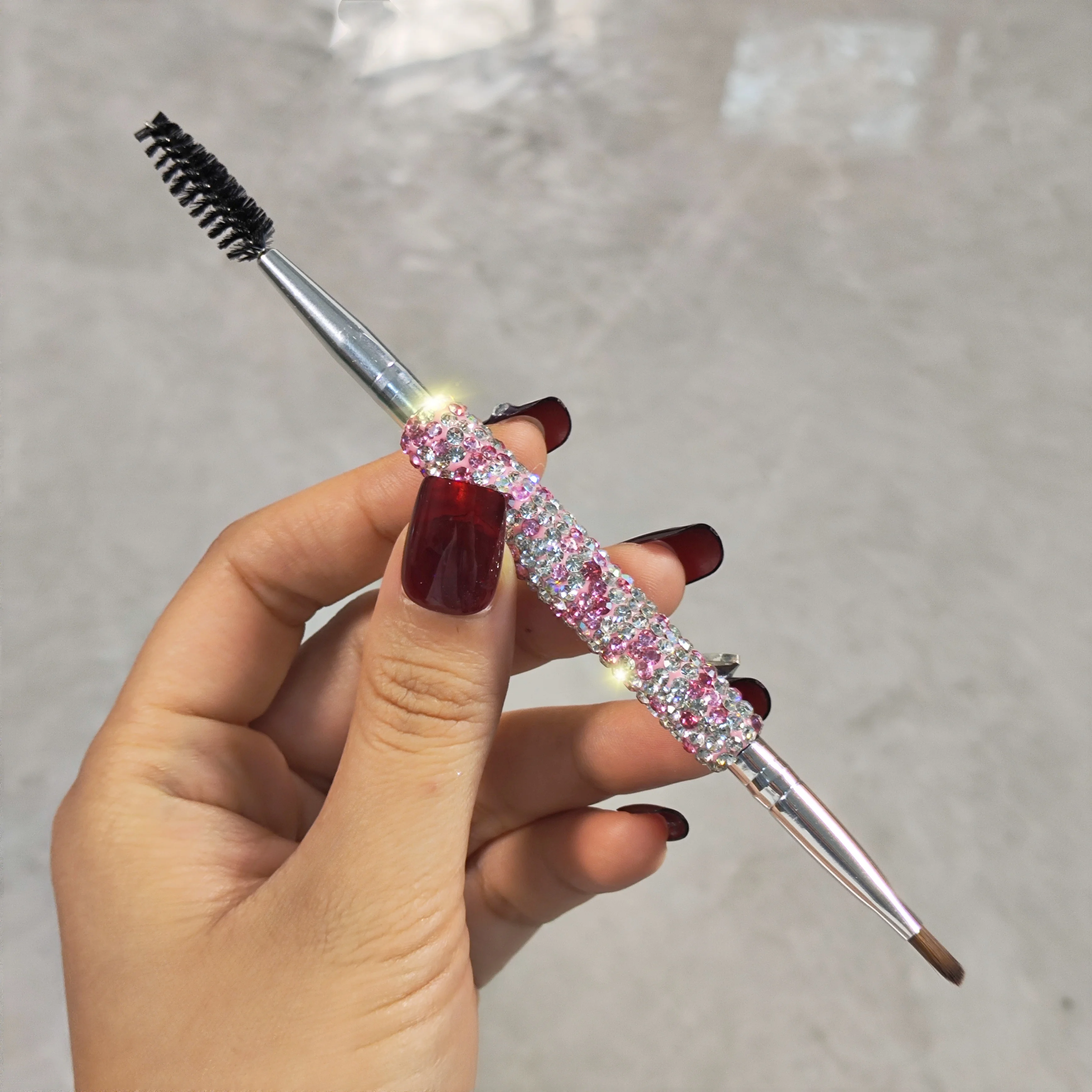 Cepillo para cejas y peine para pestañas, cepillo para cejas en ángulo de doble cabezal, cepillos para cejas, peine para pestañas, peine para tinte de pestañas con mango de diamante: Rosa