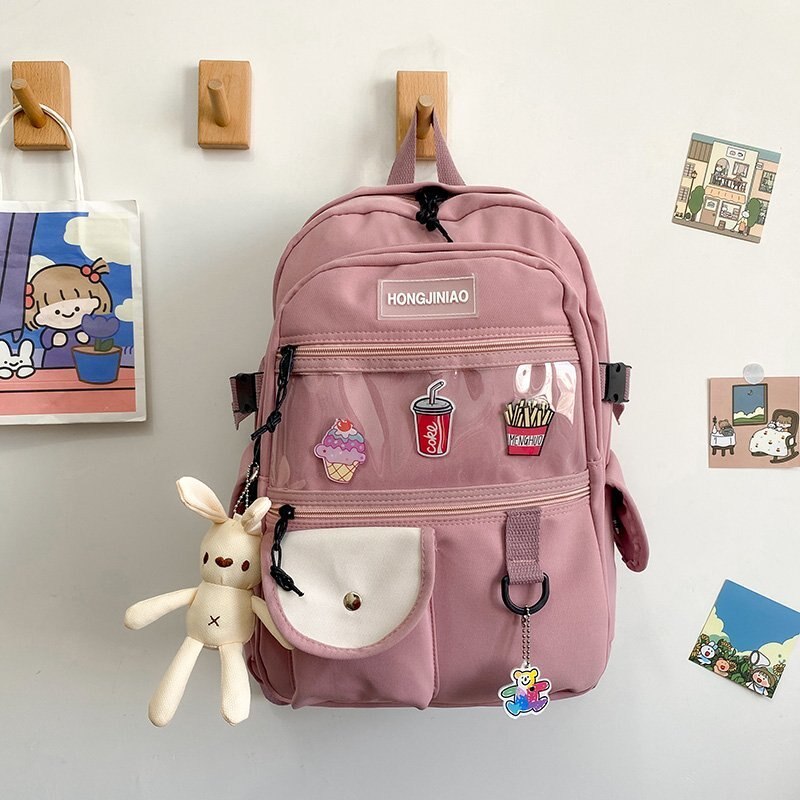 Mochila Coreana de gran capacidad para mujer, bolso escolar de bolsillo transparente para adolescentes, bolso de viaje de estilo Preppy a la: Rosa / With-Accessories