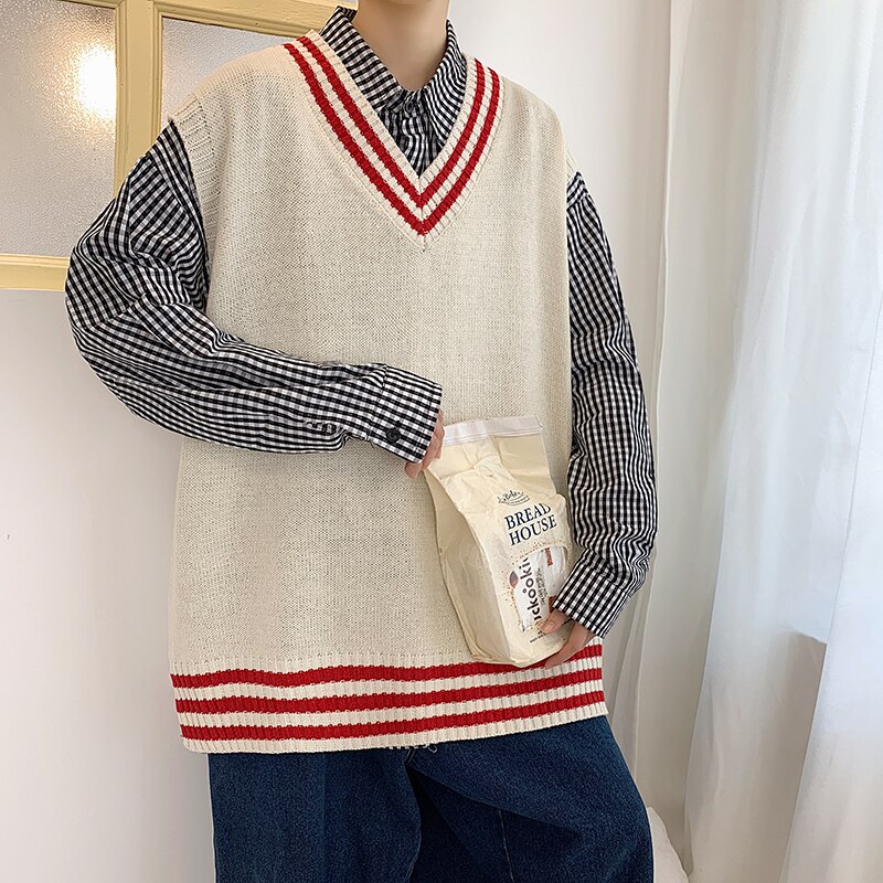 Herr tröja väst v-hals print lösa trendiga harajuku män student fritid chic sida split enkla outwear varm mjuk