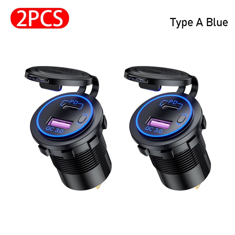 12V-24V ładowarka samochodowa USB QC3.0 5V 3A USB automatyczny gniazdo szybkie ładowanie PD Port zapalniczki wodoodporna 12V ładowarka accesori: rodzaj A niebieski 2szt