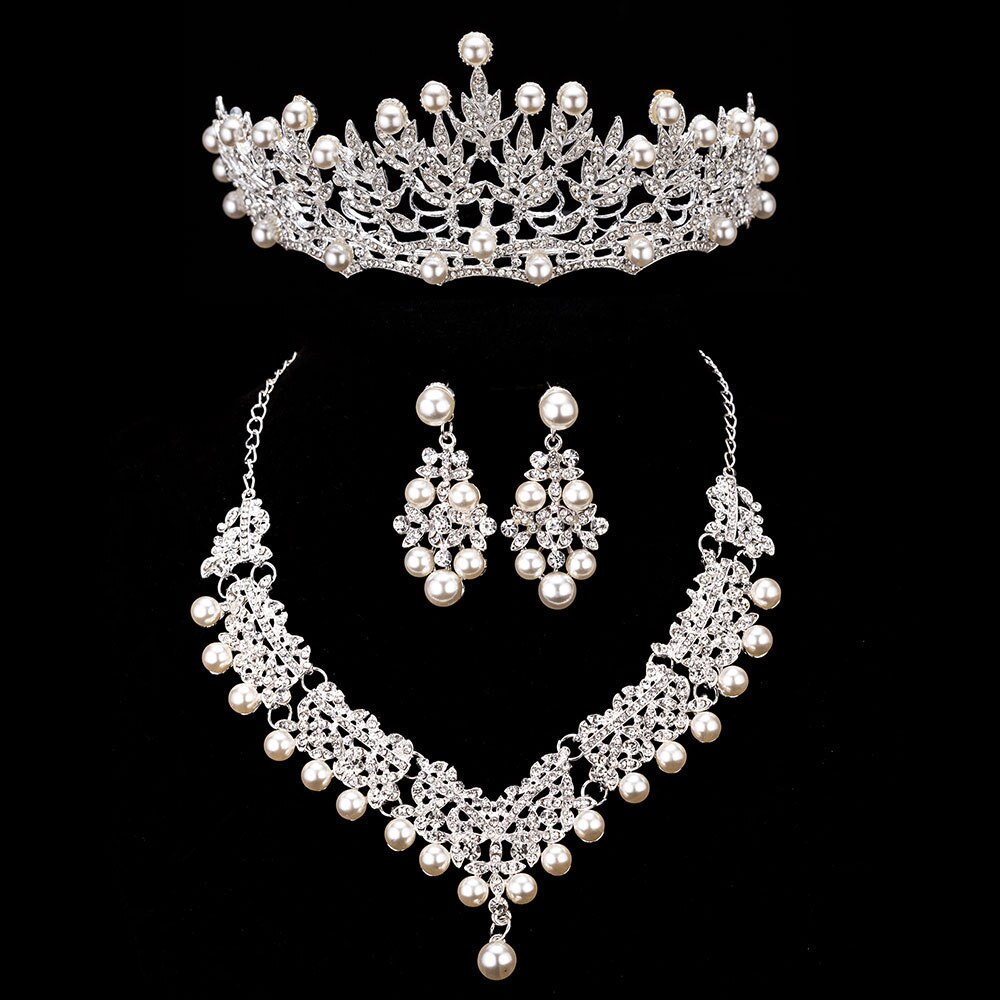 Ensemble de bijoux de fantaisie en cristal pour mariée, perles, collier ras du cou, boucles d'oreilles diadème, ensemble de bijoux de mariée pour femmes,: 3PCS Set Pearl 1